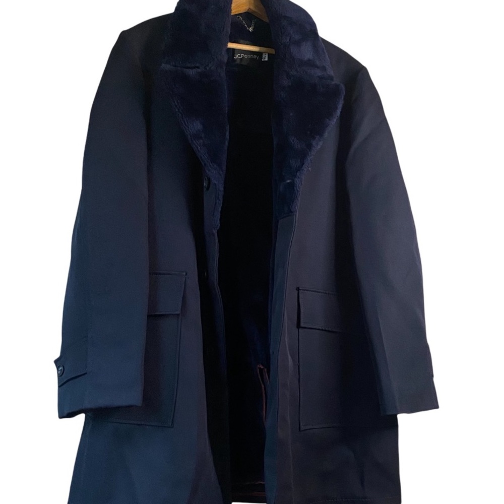 Vintage Navy Blue Faux Fur Long 46L Men’s JCPenney 70’s Polyester Button Coat